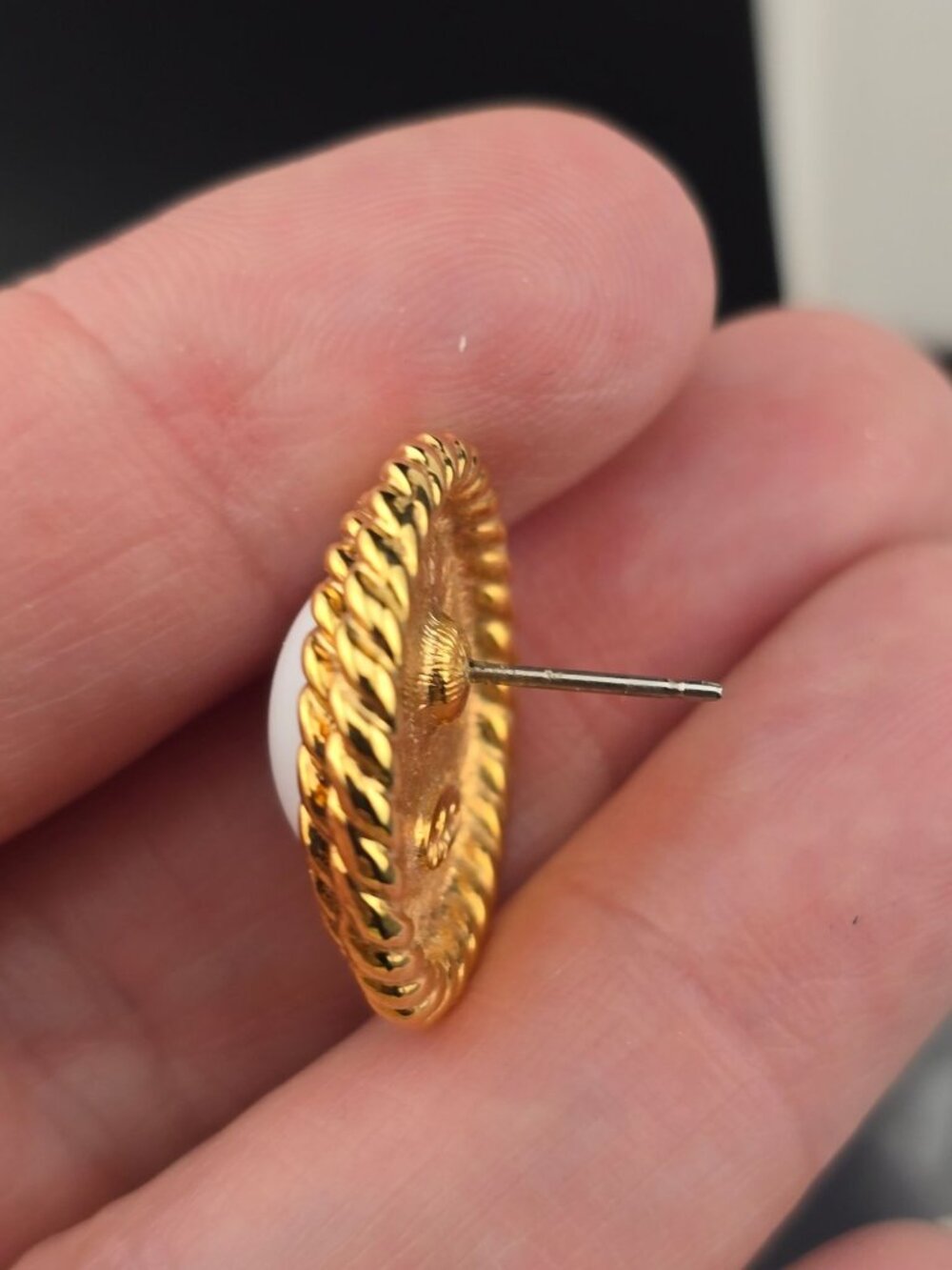 Vintage Napier Gold Tone Rope White Cabochon Pierced Earrings - Picture 6 of 9